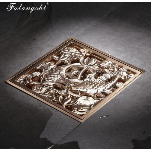 Bathroom Floor Drain Golden Brush Solid Brass Art Carved Shower Drain Cover Square Floor Drain Strainer 10*10cm WB9002