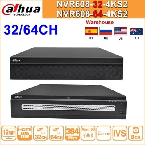 Original Dahua 64CH NVR NVR608-64-4KS2 32CH NVR608-32-4KS2 H.265 Max 384Mbps Ultra 12MP 4K Resolution Network Video IP Recorder