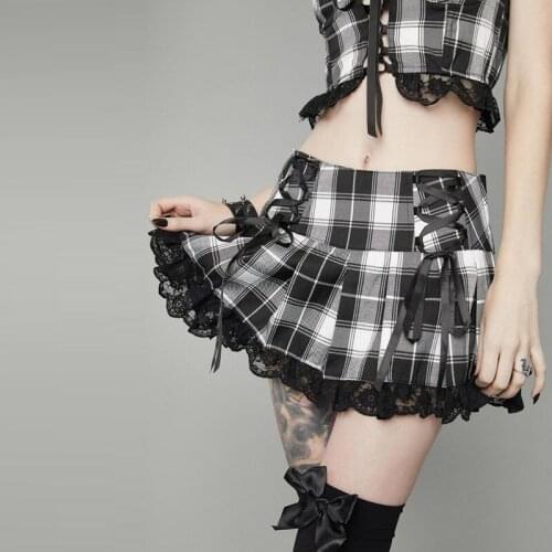 Sexy Women Party Club Mini Pleated Skirt Bandage Lace High Waist Short Skirts Harajuku Gothic Clothes Patchwork A-line Skirts