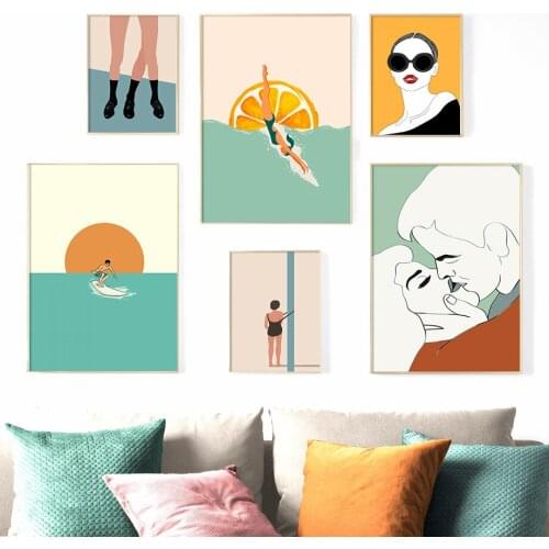 Cartoon Fashion Sexy Girl Surf Boy Diving Girl Nordic Posters And Prints Wall Art Canvas Painting Wall Pictures Kids Room Decor