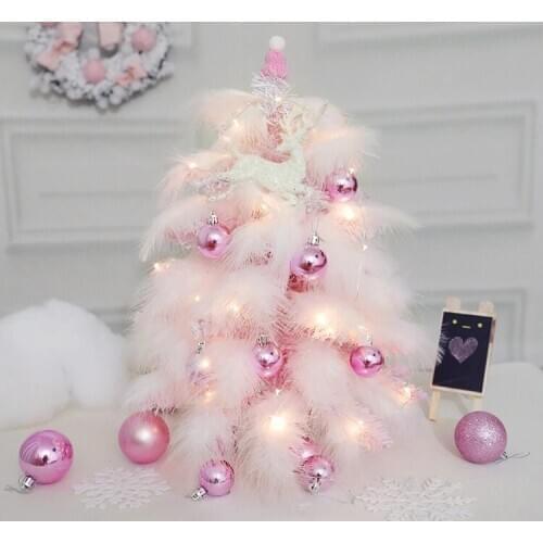 Feather Christmas Tree with Shiny Ball Decoration Glitter Deer Mini Light String Holiday Dress Up Decorations Cute