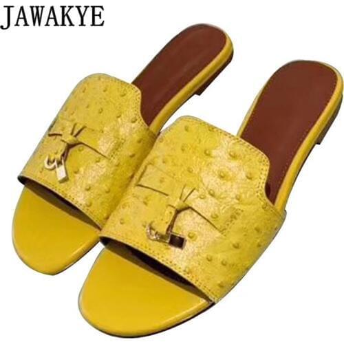 Casual Ostrich Leather Flat Slippers Women Metal Lock Decor Summer Beach Shoes Woman Open Toe Mules Runway Slides Women Sandals