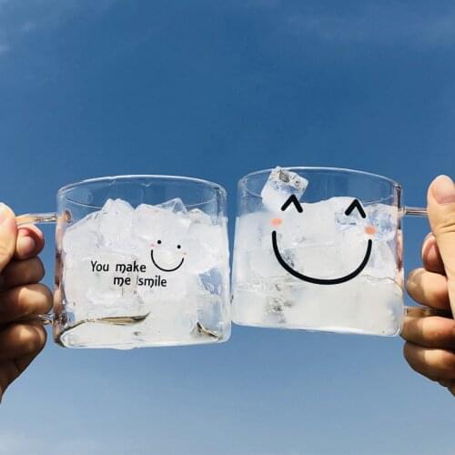 Students Creative Fresh Glass Water Cup Smiling Face Lovers Cup Beverage Coffee Cup Tea Belt Take Cup Office Heat-Resistant Cup