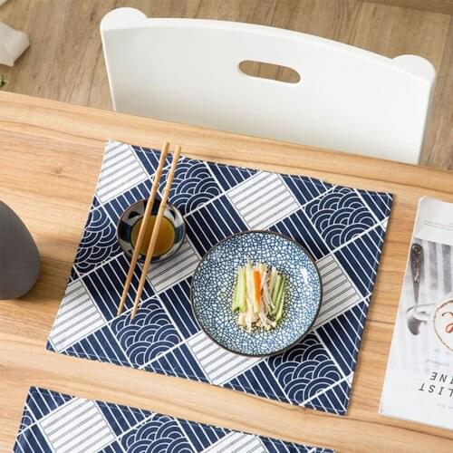 Japanese Style Dark Blue Placemat,Cotton Linen Blend Soft Durable Double Stitching Napkins,Heat Stain Resistant Drink Coasters