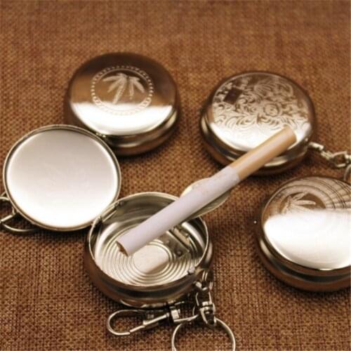 Creative Portable Pocket Cigarette Ashtray Stainless Steel Round Cigarette Ashtray With Keychain Outdoor Travelling