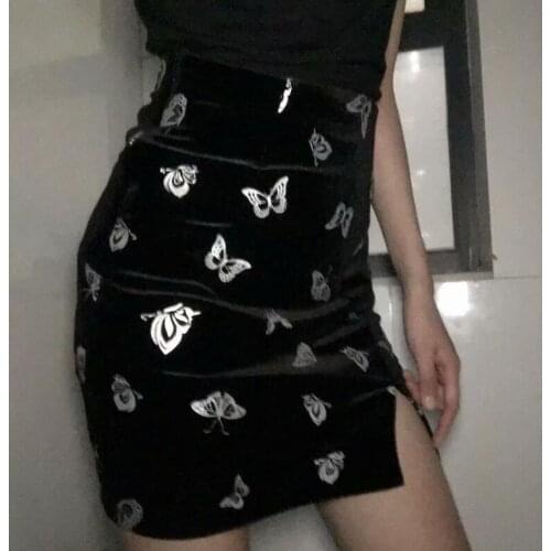 Vintage butterfly print pleuche A-line skirt sexy fashion high-waisted side split bodycon package hip black skirt