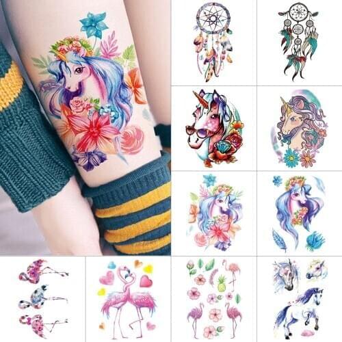 Watercolor waterproof temporary tattoo stickers Flamingo temporary tattoo flower Unicorn fake tattoo Dreamcatcher Feather tattoo