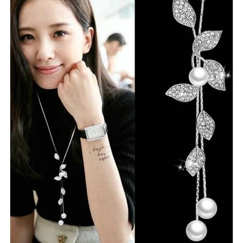 Simulated Pearl Crystal Leaf Necklaces for Women Silver Color Chain Long Necklace Pendant Jewelry Accessories Gift