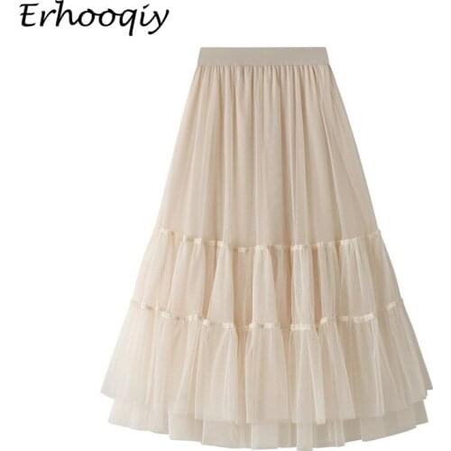 2021 Autumn Winter Casual Tulle Skirt Women Elastic High Waist Mesh Skirts Female Midi Long A-Line Tutu Skirt Lady Jupe Longue