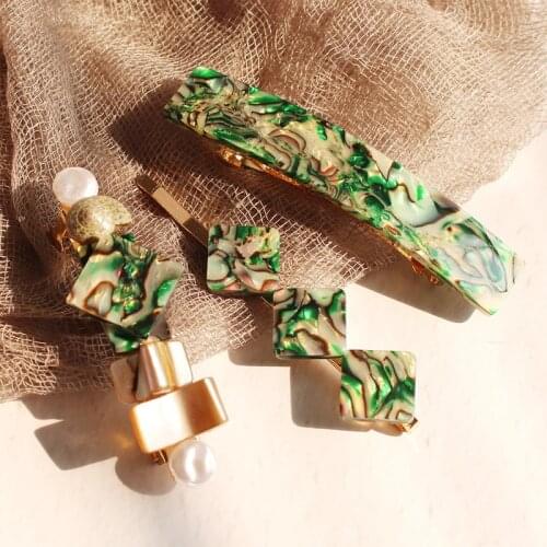 2020 Color Texture Geometric Square Shell Pearl Metallic Conch Hair Grip Hairpin Hair Clip Hair Accessories for Women Beach