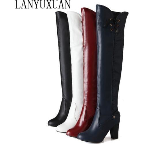 Botas Mujer Sale 2017 Big Size 34-43 Women Knee High Boots Sexy Chunky Heels Round Toe Spring Autumn Shoes Less Platform 7022