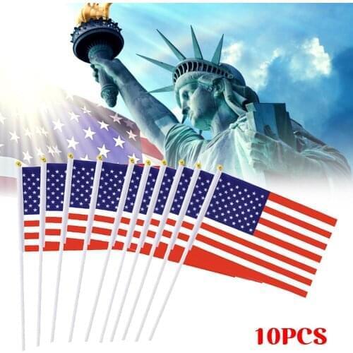 10pcs American Flag with Pole Sleeve Stars and Stripes Banner Hand Held Style for 4th of July Memorial Day Home Decoration