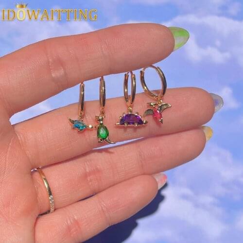 2021 New Fashion Trendy Lovely Wild Animal Dinosaur Huggie Hoop Earrings For Girl Colorful Cz Animal Pendant Cute Earrings