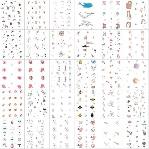 30pcs/set Small Fake Tattoo Cartoon Moon Flower Cat Cute Colorful Temporary Tattoo Sticker Women Body Finger Art Kids Tattoo