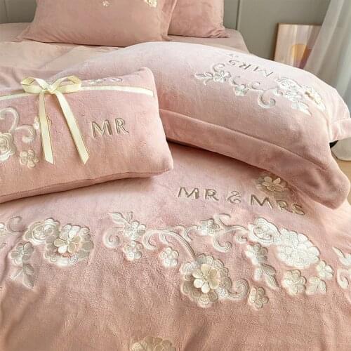 4 Pieces Bedding Sets Winter Thickened Double-Sided Plus Velvet Warm Velvet Embroidery Home Textile Quilt Cover Sheet Pillowcase