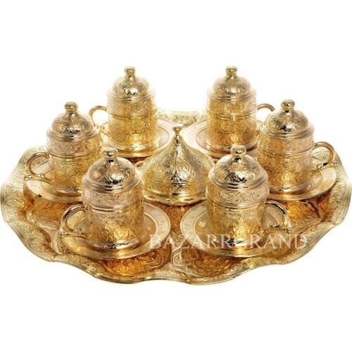 SIX COFFEE SET - OLD - WHITE - YELLOW-ANTIQUE YELLOW-TINY-ANTIQUE COPPER COLOR VARIETIES WITH MOON-STARS, AWESOME PATTERNED 6 P