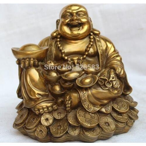 6" Tibet Tibetan Buddhism Brass Seat Wealth Happy Laugh Maitreya Buddha Statue