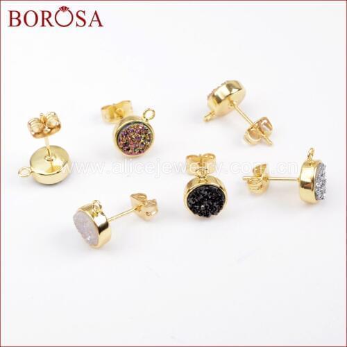 BOROSA Free Shipping Fashion 5 pair Round Gold Color Natural Agates Titanium Rainbow Druzy Stud Charm Earring For Women ZG0260