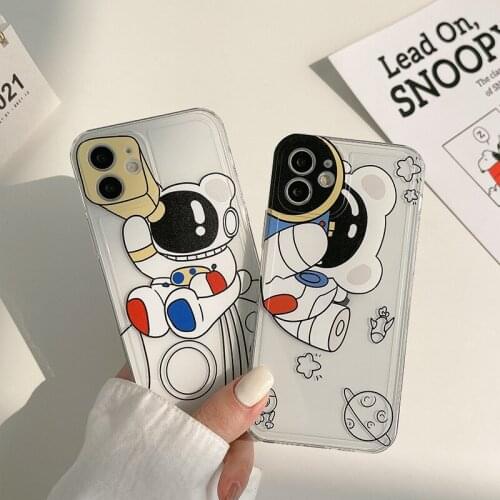 Retro universe Astronaut telescope bear Korean Phone Case For iPhone 11 12 Pro Max Xr Xs Max 7 8 Plus X 7Plus Case clear Cover