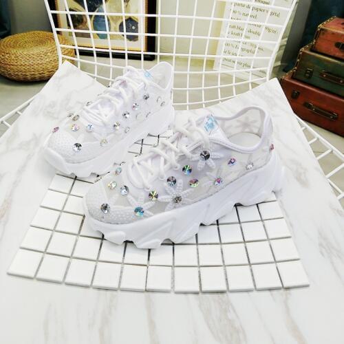 Women Sneakers Shoes White Fashion Rhinestone Ladies Platform Shoes Summer Breathable Flower Woman Casual Shoes Zapatillas Mujer