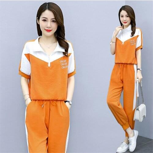 Summer Casual Short Sleeve Tracksuit 2 Piece Sets Women Korean Print Letter T-Shirt Tops + Sweatpants Suit Jogging Sets