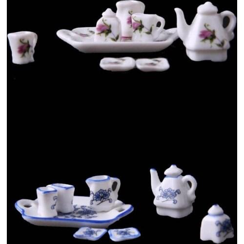New Arrivals 8pcs 1:12 Dollhouse Miniature Dining Ware Coffee Tea Set Flower Pattern Kitchen Pretend Play Classic Toys for Child