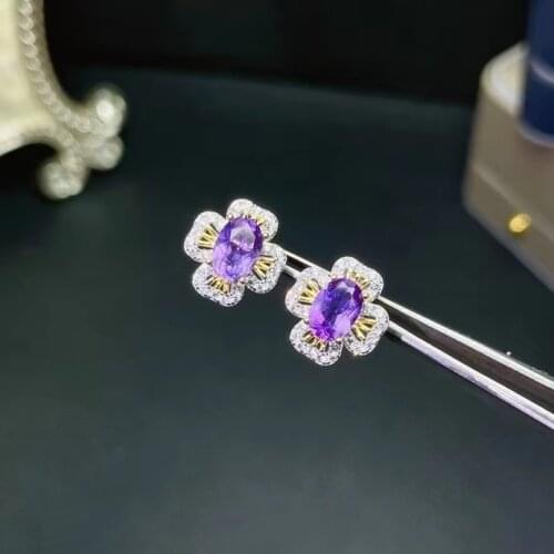 Fashion 925 Silver Amethyst Stud Earrings for Daily Wear 5mm*7mm Natural Amethyst Silver Earrings Gift for Mother