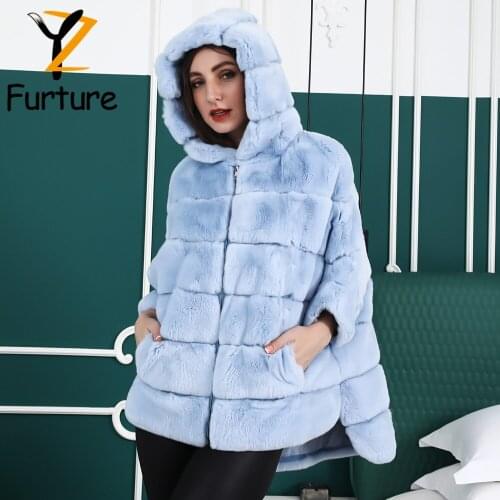 Winter New Hoodie Jackets Real Rex Rabbit Fur Made Women Luxury Natural Rex Rabbit Fur Coats Stand-collar Warm Outerwear Gloves