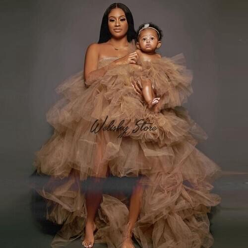 Extra Puffy Champagne Ruffled Tulle Dresses Women & Kids Hi Low Tiered Ruffles Long Dress For Mommy & Me Photograpy Baby Shower