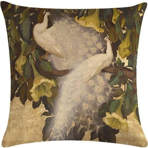 Peacock Cushion Cover Oil Painting Style Linen Pillow Covers Retro Decoration for Sofa Bedroom Home Vintage Accessories 45x45cm