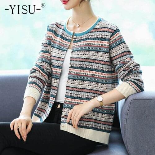 YISU 2021 Casual Women Sweater Cardigan Printing O-Neck Long sleeve Coat Female Fashion Single breasted Knitted Cardigan