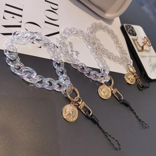 Transparent Plastic Chain Short Phone Lanyard for iphone iPhone X 8 7 11 12 Pro Redmi Samsung Round Coins Drop Wrist Strap Rope