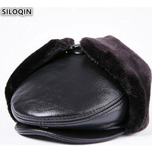 SILOQIN Autumn Winter Genuine Leather Hat Mens Velvet Warm Bomber Hats With Earmuffs New Cowhide Leather Solid Color Tongue Cap