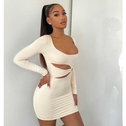 WJFZQM Sexy Hollow Out Long Sleeve Dress Bodycon Mini Dress Women Fashion Streetwear Outfits Party Club Female Spring Fall 2021