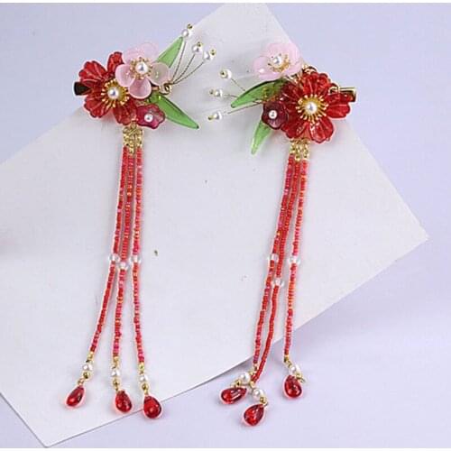 Red Long Tassel Retro Hair Clips Hairpin HanfuTraditional Bride Headdress Handmade Hair clip