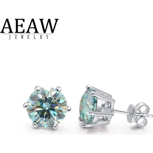 Green Color 3.0carat 9.0mm Round Brilliant Cut Moissanite Stud Earring 6-Prong Setting Push Back Real 14k White Gold Solid