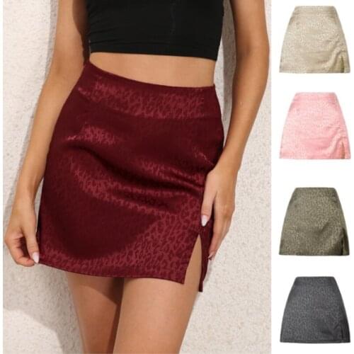 2021 Summer Leopard High Waist Split Skirt Sexy Jacquard Satin Zipper Skirt European American Womens Wear Girl Wine Red