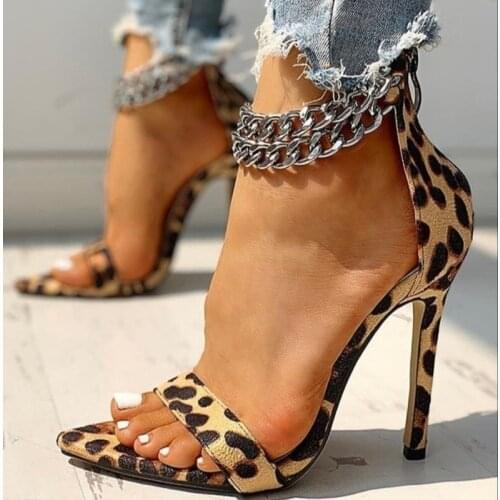 2021 Summer Leopard Print Pointed Toe Sexy High Heels with Chain Buckle Large Size Womens Shoes High Heel Sandals Women Shoes