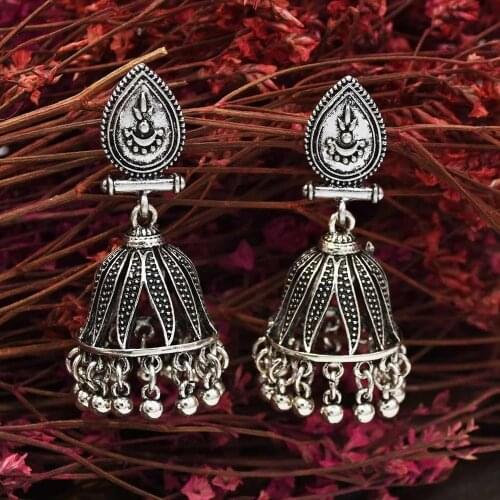 Vintage Ethnic Gypsy Indian carved flower Earrings For Women Boho Jewelry Ladies Retro Bell Tassel Hollow Tassel Jhumka Earrings