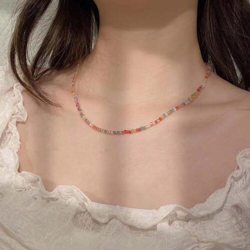 AOMU Bohemian Vintage Color Beaded Flower Crystal Necklace Summer Beach Pendant for Women Fine Choker Jewelry Accessories