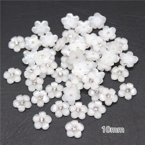 100pcs 10mm Shiny Rhinestone Glitter White Five-Petal Flowers Resin Flatback Cabochon DIY Jewelry/Phone/Nail Art Decoration