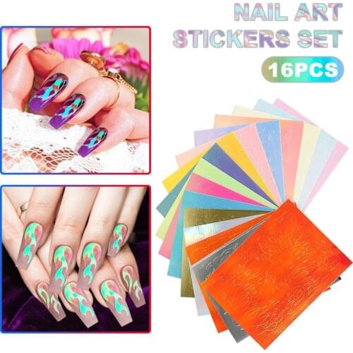 16Pcs Nail Art Colourful Holographic Fire Flame Hollow Sticker Manicure Stencil Stickers Nail Fires Fashion Nail Decoration Tool