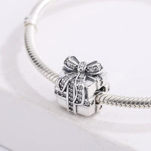 925 Sterling Silver Gift Box Bow Inlaid With Zircon Decoration Pendant Charm Bracelet DIY Jewelry Making For Original Pandora