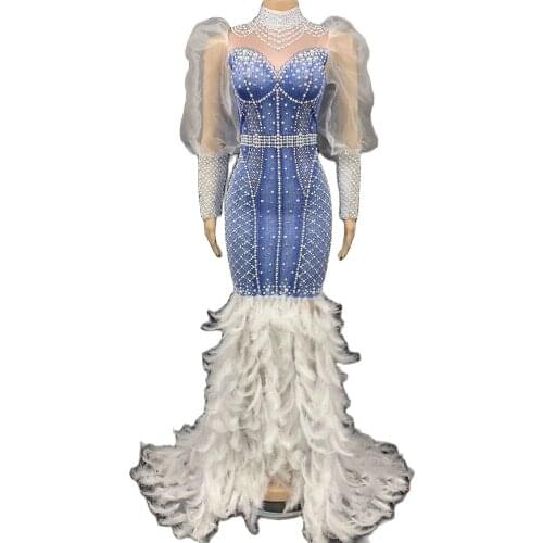 Glistening Pearl Rhinestone Women Dresses Tight Feather Long Tailing Celebrate Birthday Dresses Evening Prom Party Outfit