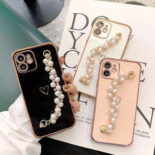 Soft Electroplated Phone Case For iPhone 11 12 Pro Max XS X XR 7 8 Plus mini SE 2020 Pearl Bracelet Shockproof Cases Cover