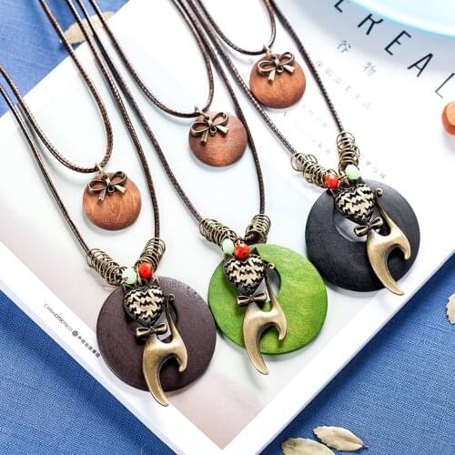 Wood Long necklace for Women Vintage Chokers Jewelry Cat necklaces & pendants suspension jewellery Layer Rope Chain 2020 Hotsale