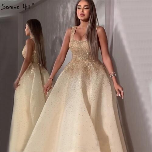 Dubai Champange Full Crystal A-Line Evening Dresses Design Sleeveless Luxury Sexy Evening Gowns Serene Hill LA70232