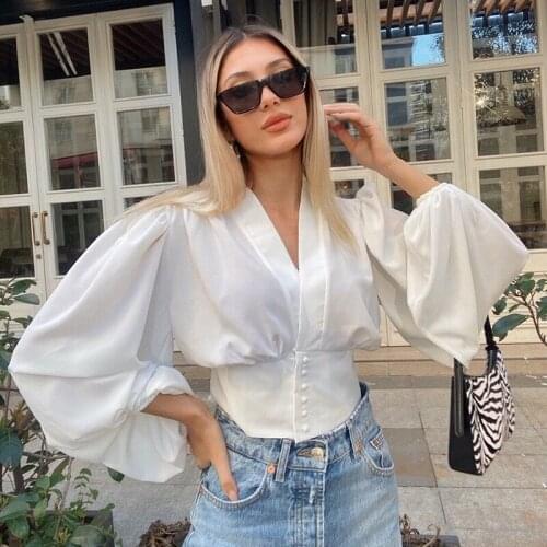 Foridol V Neck Button Up Lantern Sleeve White Blouse Tops Women Office Ladies Black Vintage Crop Tops Summer Spring Short Tops