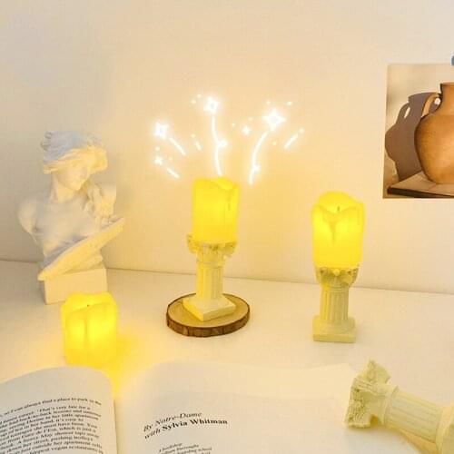 Ins Candle Night Light Roman Candlestick Vintage Retro Mini Table Light Romantic Desktop Ornament Student Girl Room Decoration