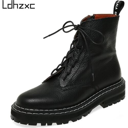 LDHZXC 2020 Autumn Winter Quality Genuine Leather Punk Short Boots Lace Up High Heels Women Ankle Boots Party Shoes Woman